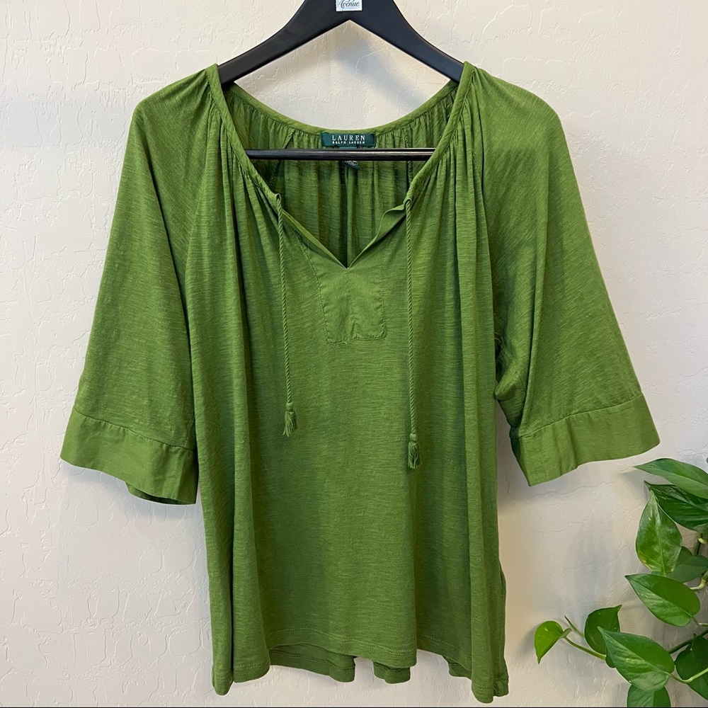 Lauren Ralph Lauren Modal Cotton blend moss green bogo top, 3/4 sleeve, tassles